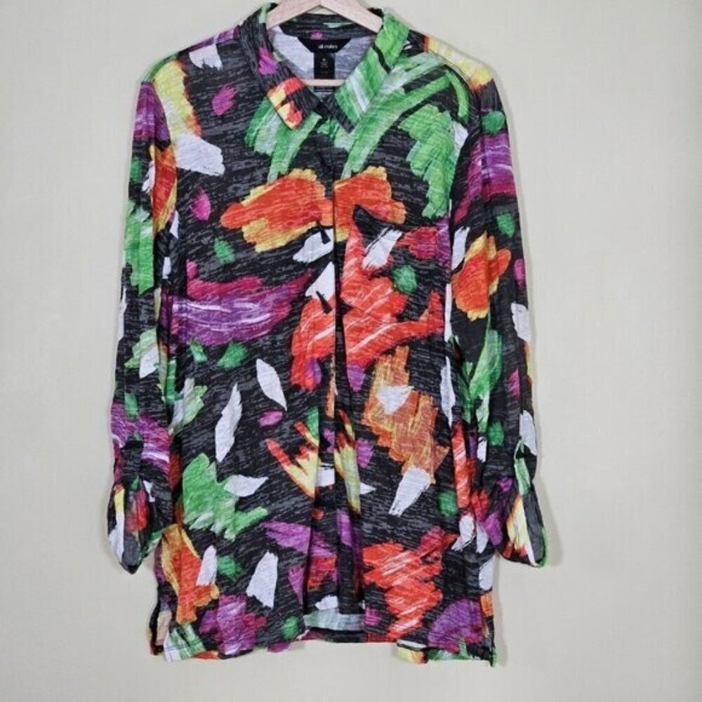 Ali Miles Tunic Womens XL Multicolor Floral LS Roll Up Tab Boho Crinkle Buttons